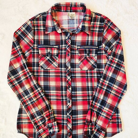 Tops - Passport Women's Plaid Flannel Shirt Stretch Long Sleeve Tight-fitting Size L